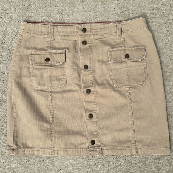 Vtg Tommy Hilfiger Mini Skirt Womens 16 Khaki Cargo Snap Front Y2K 2000s A-Line - Picture 1 of 11